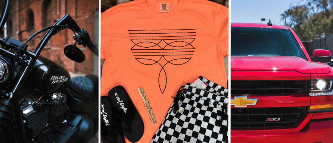 three panels featuring a harley motorcycle, clothing and a chevy silverado truck