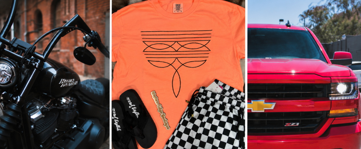 three panels featuring a harley motorcycle, clothing and a chevy silverado truck