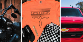 three panels featuring a harley motorcycle, clothing and a chevy silverado truck