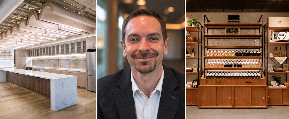 Corey Farnsworth, CEO of Architectural Wood Design, centered between examples of the company’s custom commercial millwork.