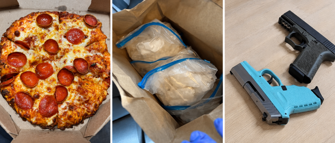 pizza, meth in a bag and guns