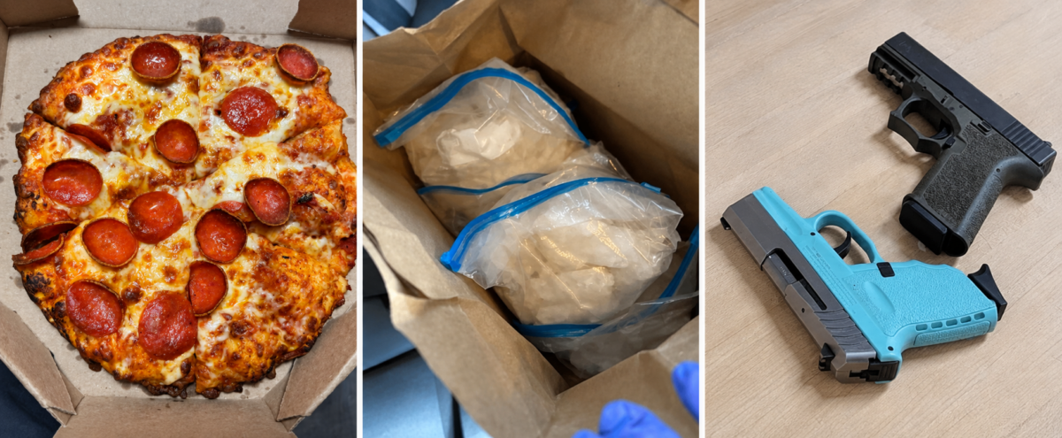 pizza, meth in a bag and guns
