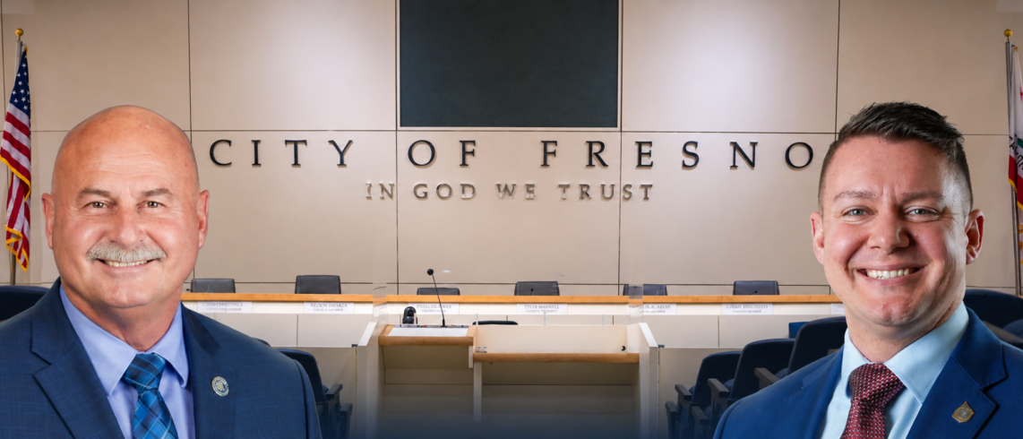 council dais and two men's headshots