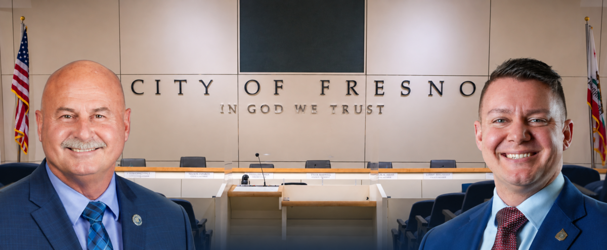 council dais and two men's headshots