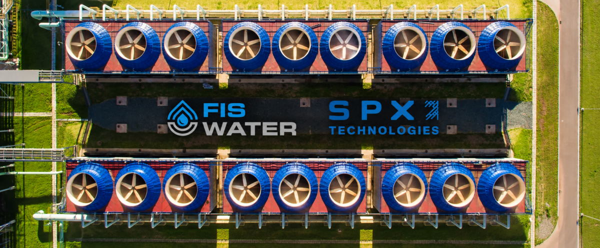 an aerial view of two rows of cooling towers with logos between them