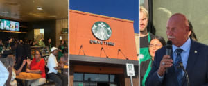 Three-panel image showing the dining room, drive-thru entrance and Mayor Jerry Dyer speaking at the opening of Fresno’s largest Starbucks in Southwest Fresno.
