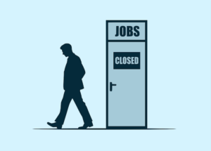 Illustration of a worker walking away from a door marked “Jobs” with a “Closed” sign.