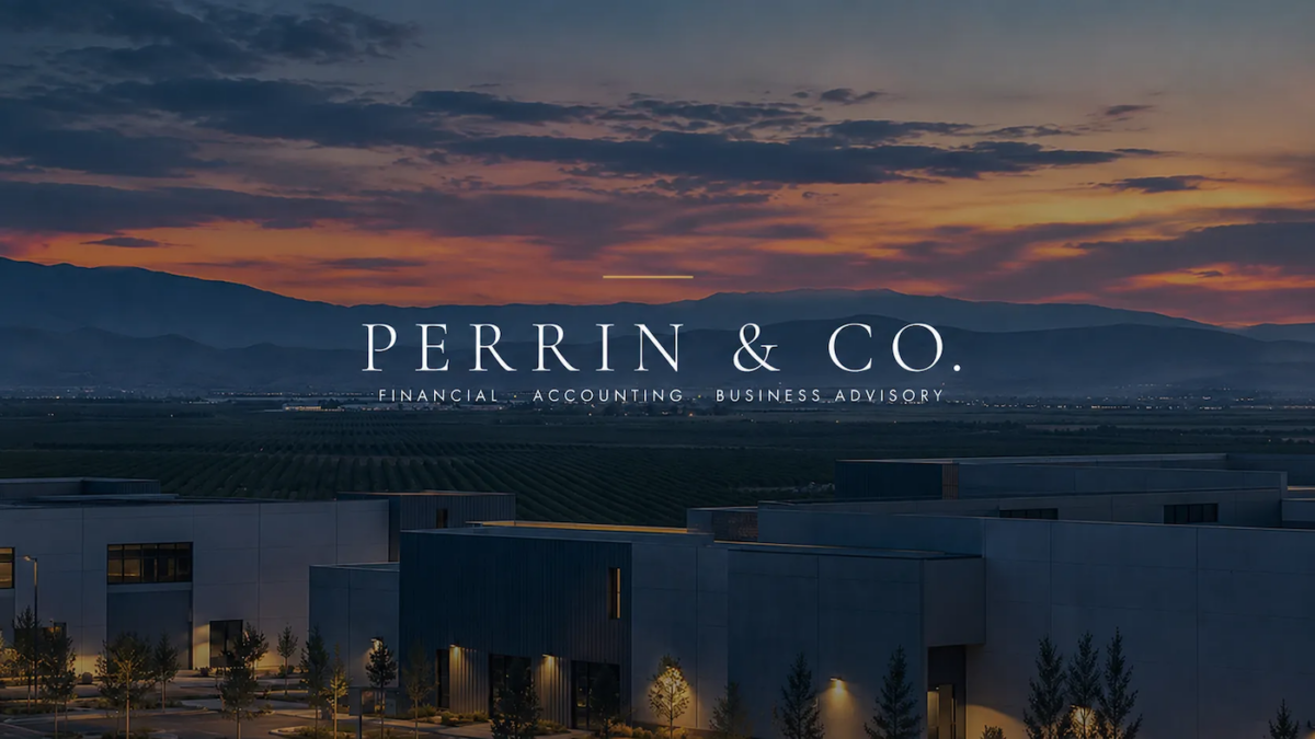Perrin & Co. logo over a Central California business and agricultural landscape at sunset.