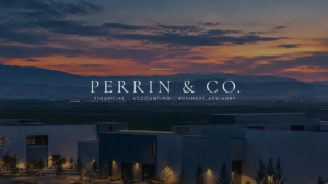 Perrin & Co. logo over a Central California business and agricultural landscape at sunset.