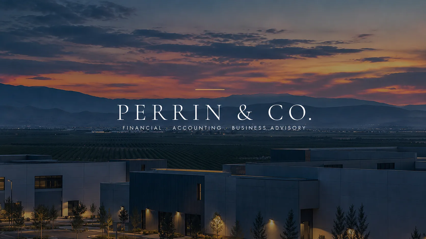 Perrin & Co. logo over a Central California business and agricultural landscape at sunset.
