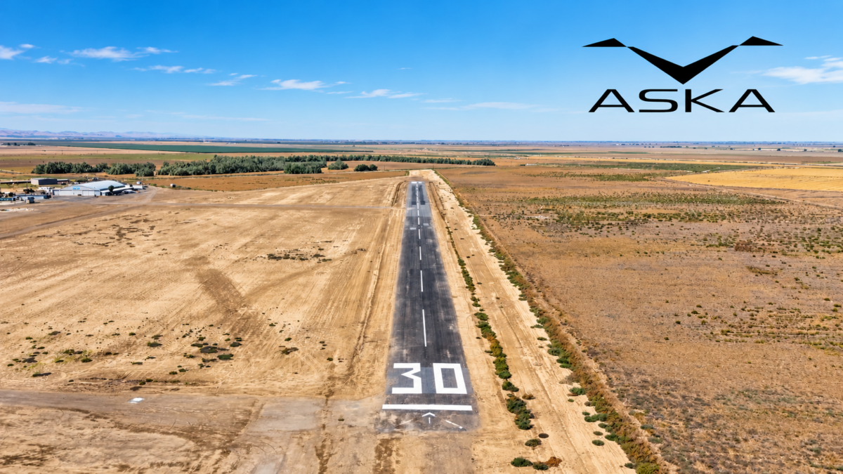 Aerial view of Eagle Field’s runway near Firebaugh, California, surrounded by agricultural land, with an AI-enhanced image and ASKA company logo overlaid in the sky.