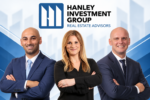 three people with a logo behind them