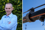Dror Negbi of Netafim USA stands beside a close-up image of a drip irrigation outlet releasing water from an irrigation line.