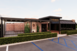 Architectural rendering of Oakmont Kitchen and Bar showing a brick exterior, covered patio, landscaped entrance and parking area.