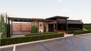 Architectural rendering of Oakmont Kitchen and Bar showing a brick exterior, covered patio, landscaped entrance and parking area.