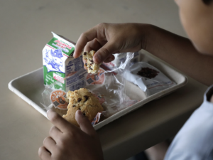 child eating a school lunch