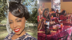 Talia Neal, owner of T Monique Beauty Bar LLC in Fresno, pictured alongside attendees gathered around a table at a previous community beauty and networking event.